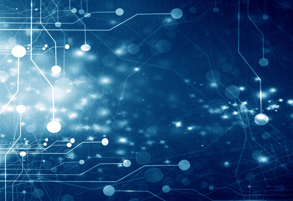 A blue abstract background featuring a network of interconnected lines and nodes, resembling a digital circuitry or data network. Bright light points and subtle geometric patterns enhance the design.