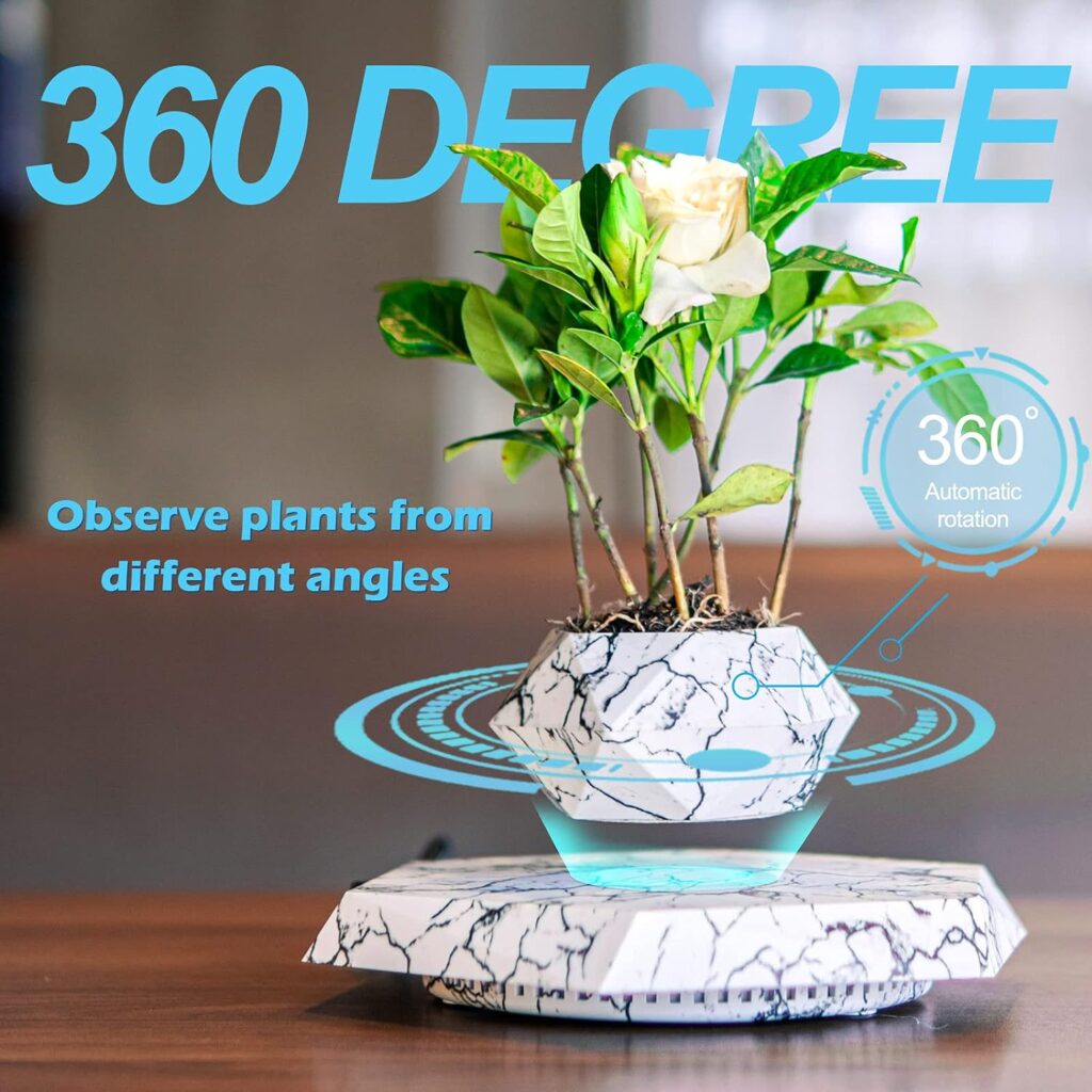 A white, marble-patterned Levitating Hexagonal Plant Pot is shown, featuring 360-degree automatic rotation to observe plants from different angles.