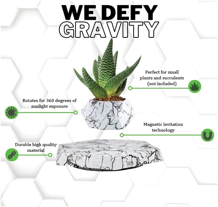 The Levitating Hexagonal Plant Pot utilizes magnetic levitation technology, making it an ideal choice for small plants and succulents. It features a 360-degree rotation for optimal sunlight exposure and is crafted from durable, high-quality materials.