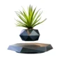 A small, geometric black planter with a green succulent is levitating above a similarly textured black base. Both planter and base have faceted surfaces. White background.