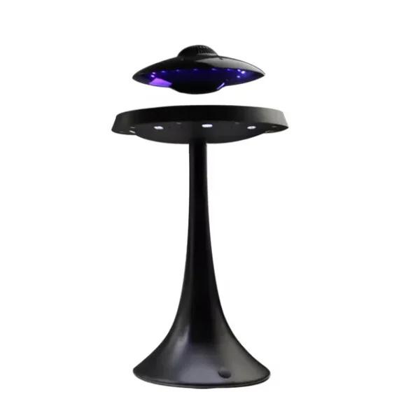 UFO Speaker Super Cool Levitating Speaker Magnetic Floating UFO Speaker Music Player with RGB Color Table Lamp – black 8 A black, UFO-shaped levitating speaker floats above its base, with blue LED lights glowing from the underside.