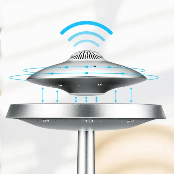 UFO Speaker Super Cool Levitating Speaker Magnetic Floating UFO Speaker Music Player with RGB Color Table Lamp 2 A silver, UFO-shaped electronic device showing arrows for air circulation and wireless connectivity symbols above it.