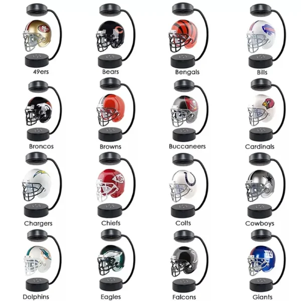 32 type Creative Hover Helmets Magnetic Levitating Helmet with Electromagnetic Stand Suspension Decoration Collectible for Sport 2 Display of 16 NFL team helmets on stands, including 49ers, Bears, Bengals, Bills, Broncos, Browns, Buccaneers, Cardinals, Chargers, Chiefs, Colts, Cowboys, Dolphins, Eagles, Falcons, and Giants.