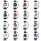 Display of 16 NFL team helmets on stands, including 49ers, Bears, Bengals, Bills, Broncos, Browns, Buccaneers, Cardinals, Chargers, Chiefs, Colts, Cowboys, Dolphins, Eagles, Falcons, and Giants.