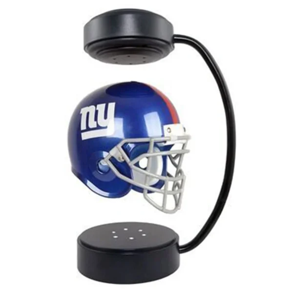 32 type Creative Hover Helmets Magnetic Levitating Helmet with Electromagnetic Stand Suspension Decoration Collectible for Sport 3 Floating New York Giants helmet levitating under a black magnetic frame.