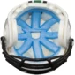 Inside view of a white sports helmet with blue padding and black faceguard.