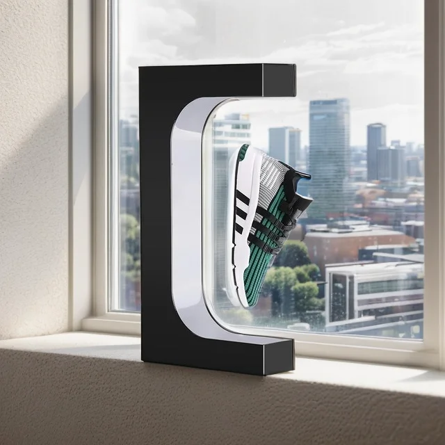 A sneaker in green and black is levitating inside a Floating Shoe Stand shaped like a C, positioned on a windowsill with a cityscape visible behind it.