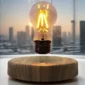 A levitating light bulb above a wooden base with a cityscape visible through a window in the background.