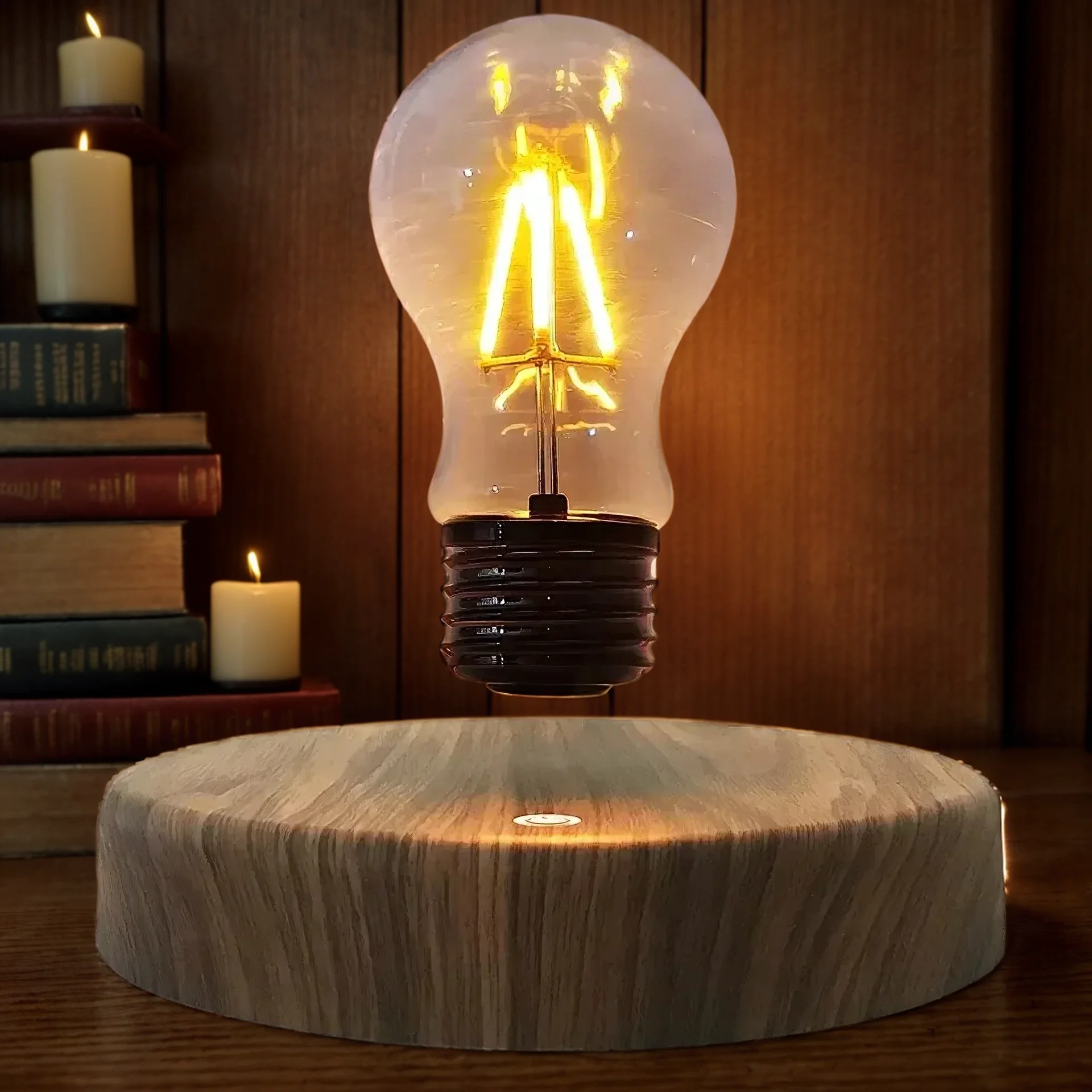 A levitating light bulb above a wooden base, with glowing filament, is shown on a table next to stacked books and lit candles.