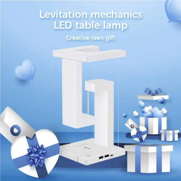 LED Night Lamp Creativity Physics Balance Suspension Table Desk Lamp Wireless Charger Decoration Home Bedroom Room Decor Light 3 Levitation mechanics LED table lamp displayed with gift boxes and heart-shaped balloons on a blue background.