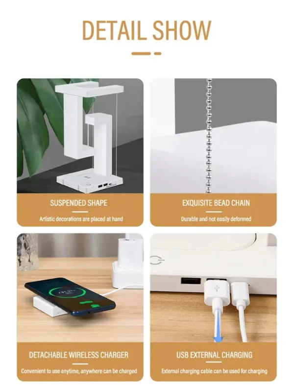 LED Night Lamp Creativity Physics Balance Suspension Table Desk Lamp Wireless Charger Decoration Home Bedroom Room Decor Light 5 Four sections showing features: a modern-shaped lamp, a bead chain, a wireless phone charger, and a USB charging port.