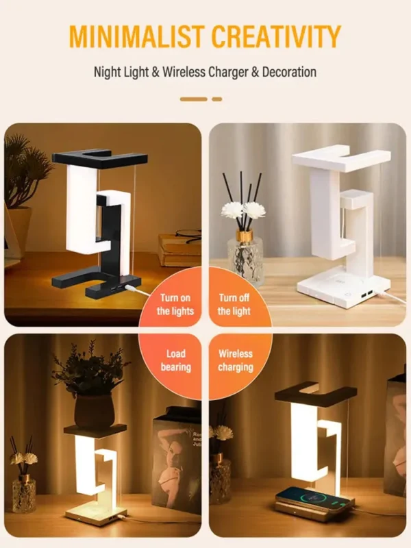 LED Night Lamp Creativity Physics Balance Suspension Table Desk Lamp Wireless Charger Decoration Home Bedroom Room Decor Light 6 Four images of a minimalist lamp that functions as a night light, wireless charger, and decoration. Features include load bearing and wireless charging capabilities.