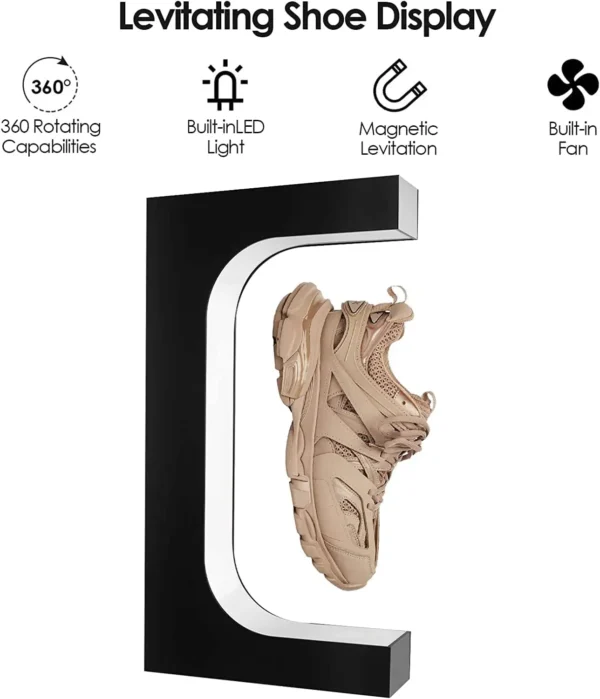 Levitating Shoe Display Floating Sneaker Stand Magnetic Sneaker Shelf With LED Light Rotating Acrylic Holder For Advertising 2 A shoe levitates inside a curved display with features including 360° rotation, built-in LED light, magnetic levitation, and a built-in fan.