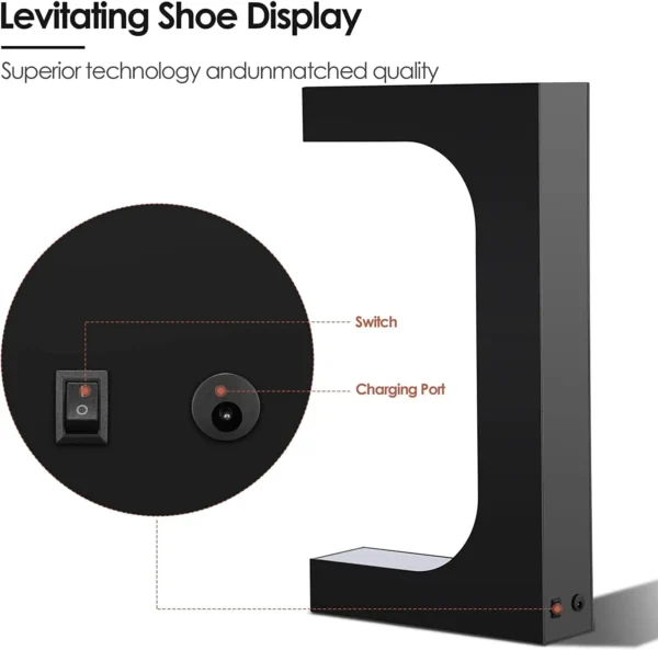 Levitating Shoe Display Floating Sneaker Stand Magnetic Sneaker Shelf With LED Light Rotating Acrylic Holder For Advertising 3 Black levitating shoe display stand with a switch and charging port, described as superior in technology and unmatched in quality.