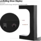 Black levitating shoe display stand with a switch and charging port, described as superior in technology and unmatched in quality.