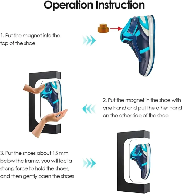 Levitating Shoe Display Floating Sneaker Stand Magnetic Sneaker Shelf With LED Light Rotating Acrylic Holder For Advertising 4 Instructions for placing a shoe inside a levitating display stand using magnets.