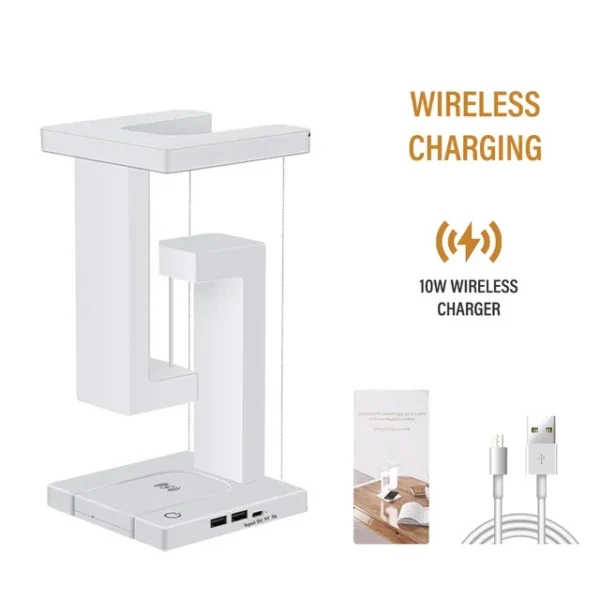LED Night Lamp Creativity Physics Balance Suspension Table Desk Lamp Wireless Charger Decoration Home Bedroom Room Decor Light – Wireless chargin 8 Modern white wireless charging station with multiple USB ports, an instruction manual, and a USB charging cable.