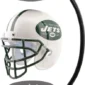 A white and green Jets football helmet is displayed in a black magnetic levitation frame.