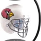 A white football helmet with a red bird logo is levitating between two black magnetic stands.