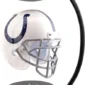Levitating football helmet with a horseshoe logo, held between a black base and top via magnetic suspension, supported by a curved arm.