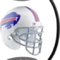 A floating football helmet with a buffalo logo is suspended between magnetic ends on a curved black stand.