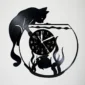 Wall clock shaped like a cat sitting atop a fishbowl, with a clock face in the center and fish silhouettes inside.