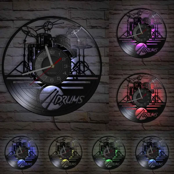 Drummers Personalized Drum Wall Clock Music Instrument Drum Kit Wall Decor Vinyl Record Wall Clock Music Lover Drummers Gift 6 Vinyl record wall clocks featuring drum set designs with LED lights in various colors, mounted on a brick wall.