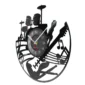 A wall clock with musical instrument designs, including a guitar, microphone, drum set, and musical notes.
