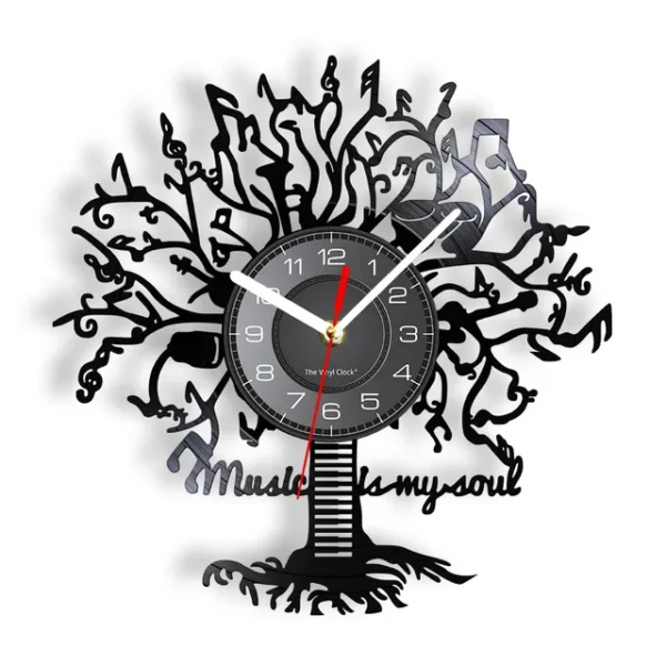 Music is My Soul Modern Design Music Classic Black Hanging Vinyl Record Clocks Wall Watch Home Decor Musician Rock n Roll Gift – Without LED 7 Wall clock with a tree-shaped frame and musical notes. Clock face has a black background and white numbers. Red second hand. Text reads "Music is my soul.