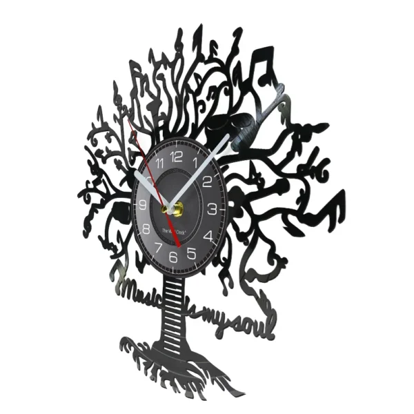 Music is My Soul Modern Design Music Classic Black Hanging Vinyl Record Clocks Wall Watch Home Decor Musician Rock n Roll Gift 2 Wall clock with a decorative tree design, featuring musical notes and the phrase "music is my soul" integrated into the branches. The clock face displays time with red and white hands.