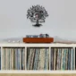 A record player on a white shelf filled with vinyl records. Above, there is a decorative clock with a tree design and the words "Music feeds my soul.