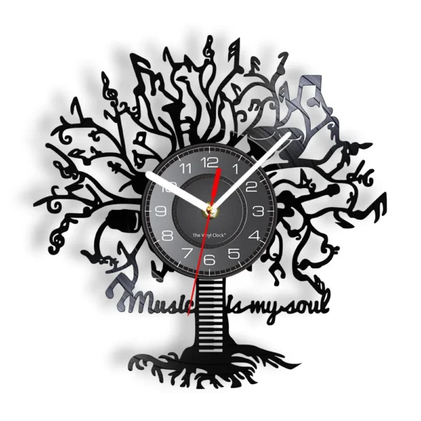 Tree-shaped wall clock with a music-themed design, featuring musical notes and the phrase "Music is my soul" at the base.