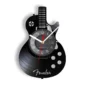 Wall clock shaped like a black guitar with white numerals and clock hands.