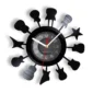 Wall clock with a guitar theme features twelve different guitar silhouettes as hour markers on a circular face.