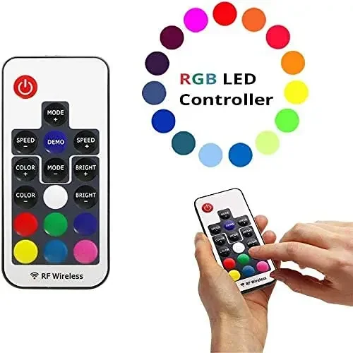 Science Fiction Movie Theme Clock Vinyl Record Wall Clock LED Night Light Home Decoration 7 Color Nightlight Wall Clock Boy Gift 4 A hand holds an RF wireless remote for an RGB LED controller, featuring various color buttons and settings. A color palette is shown on the right.