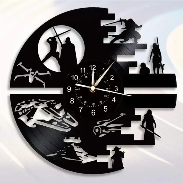 Vinyl record wall clock with intricate sci-fi character silhouettes and starship designs surrounding the clock face.