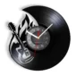 Wall clock made from a vinyl record features a guitar design with flame motifs.