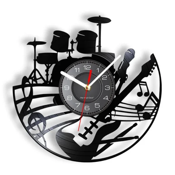 Guitar and Drum Kits Wall Clock Guitar Player Music Vinyl Record Clock Rock Music Instrument Guitar Wall Art Rock n Rock Gift - Without LED 7 A wall clock features musical instrument silhouettes, including drums, a microphone, a guitar, and musical notes, on a black circular design.