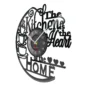 Round clock with black frame featuring the phrase "The Kitchen is the Heart of the Home" in a decorative font, with coffee cup designs and heart accents.
