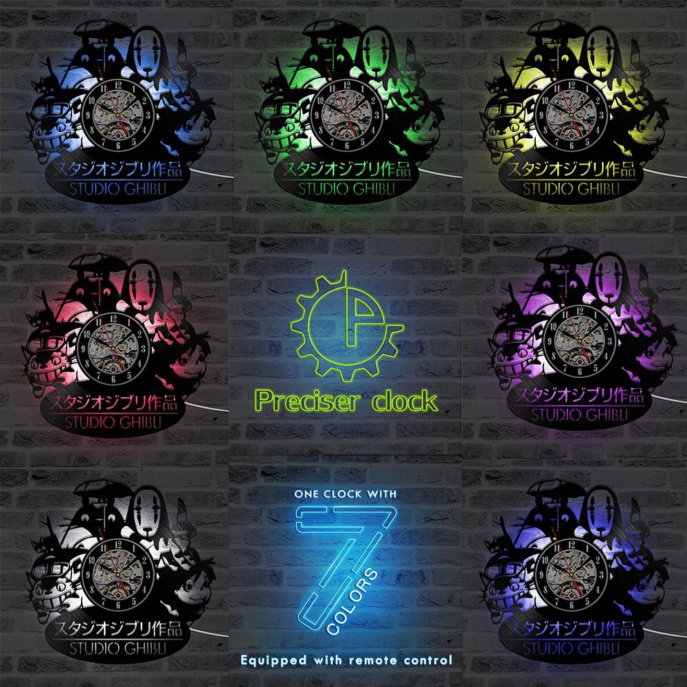 Collage of clocks featuring Studio Ghibli designs in seven different colors, labeled as "Preciser clock" with a remote control feature.