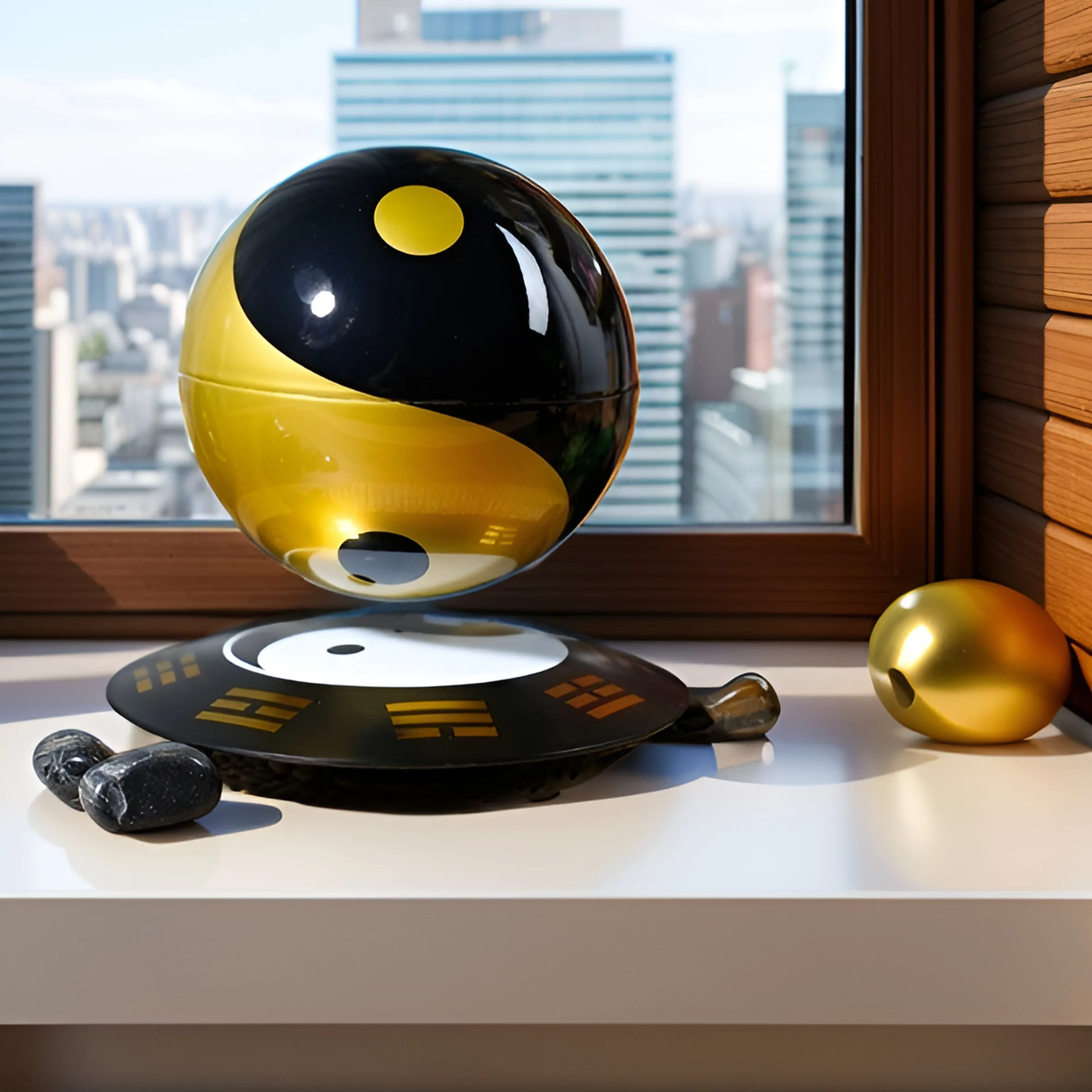 A Levitating Magic Ball sculpture on a windowsill with a city skyline view.