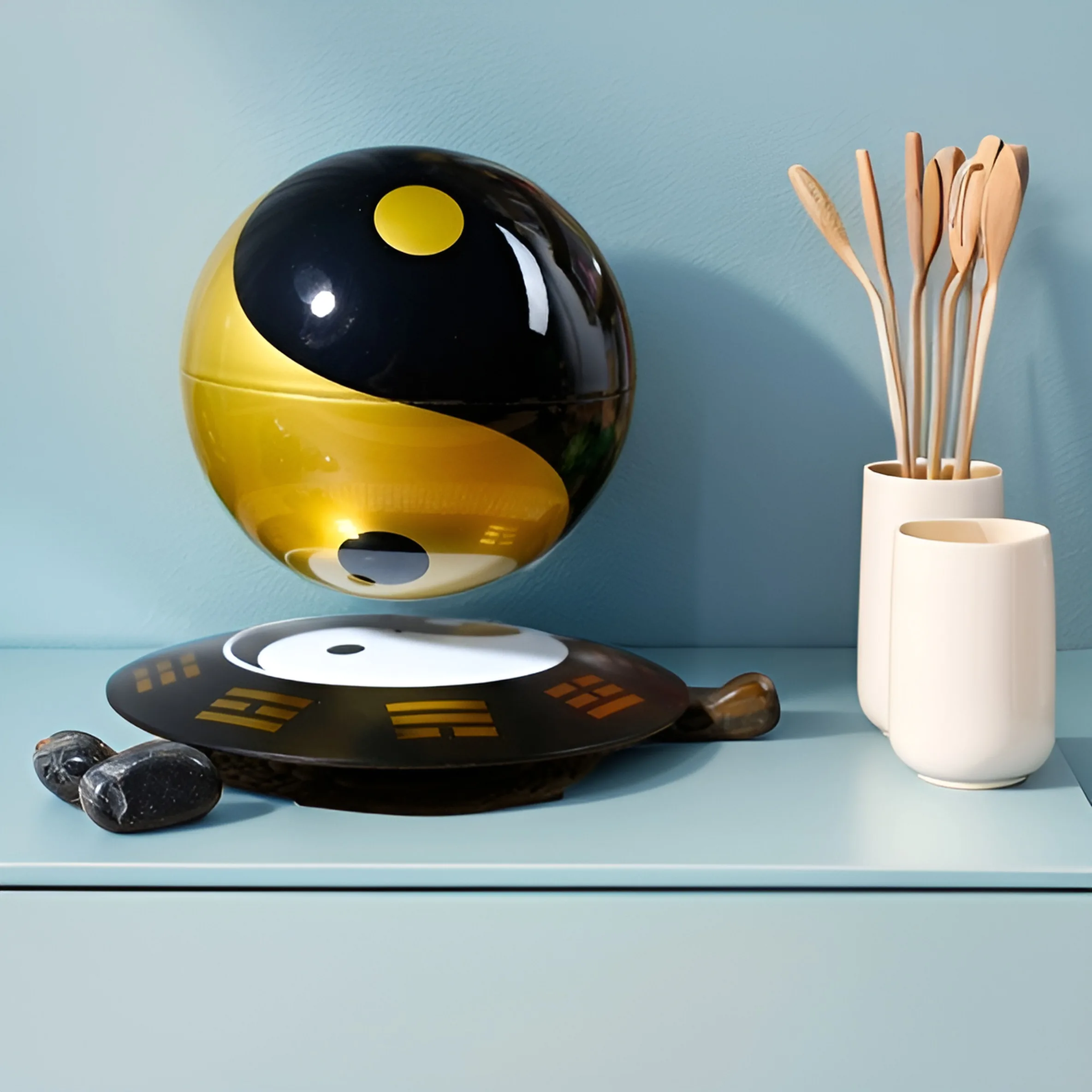 A Levitating Magic Ball accompanied by decorative sticks in containers, all displayed on a light blue surface.