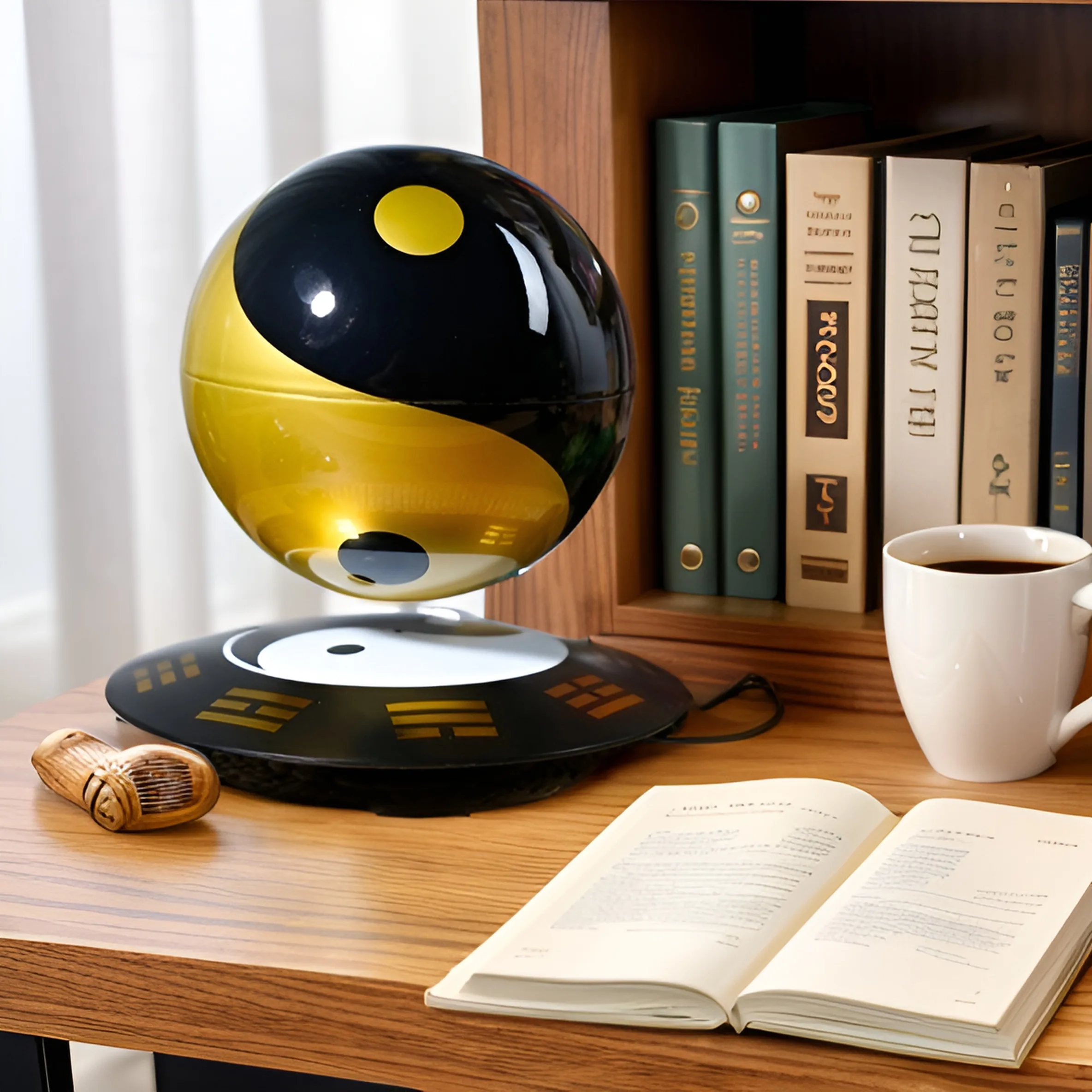 A Levitating Magic Ball with a yin-yang design floats on a wooden shelf, surrounded by books, beside an open book and a cup of coffee.