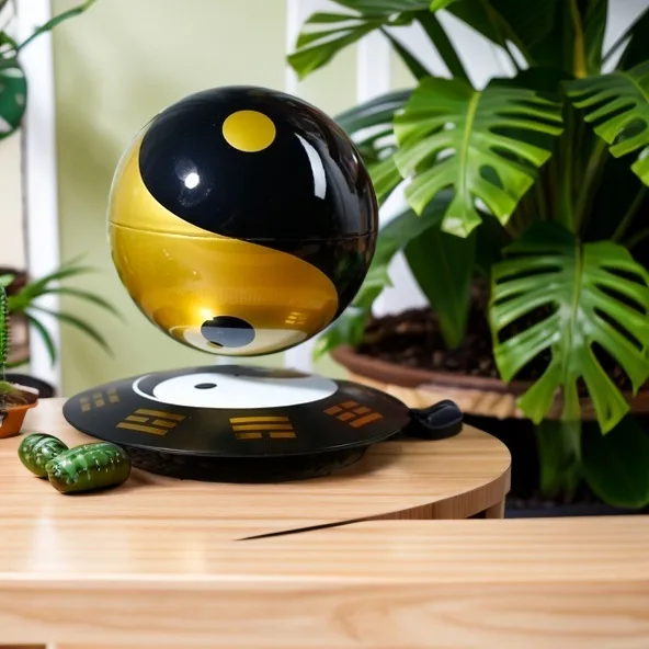 A Levitating Magic Ball in black and gold, floating above a round base on a wooden table with green plants in the background.
