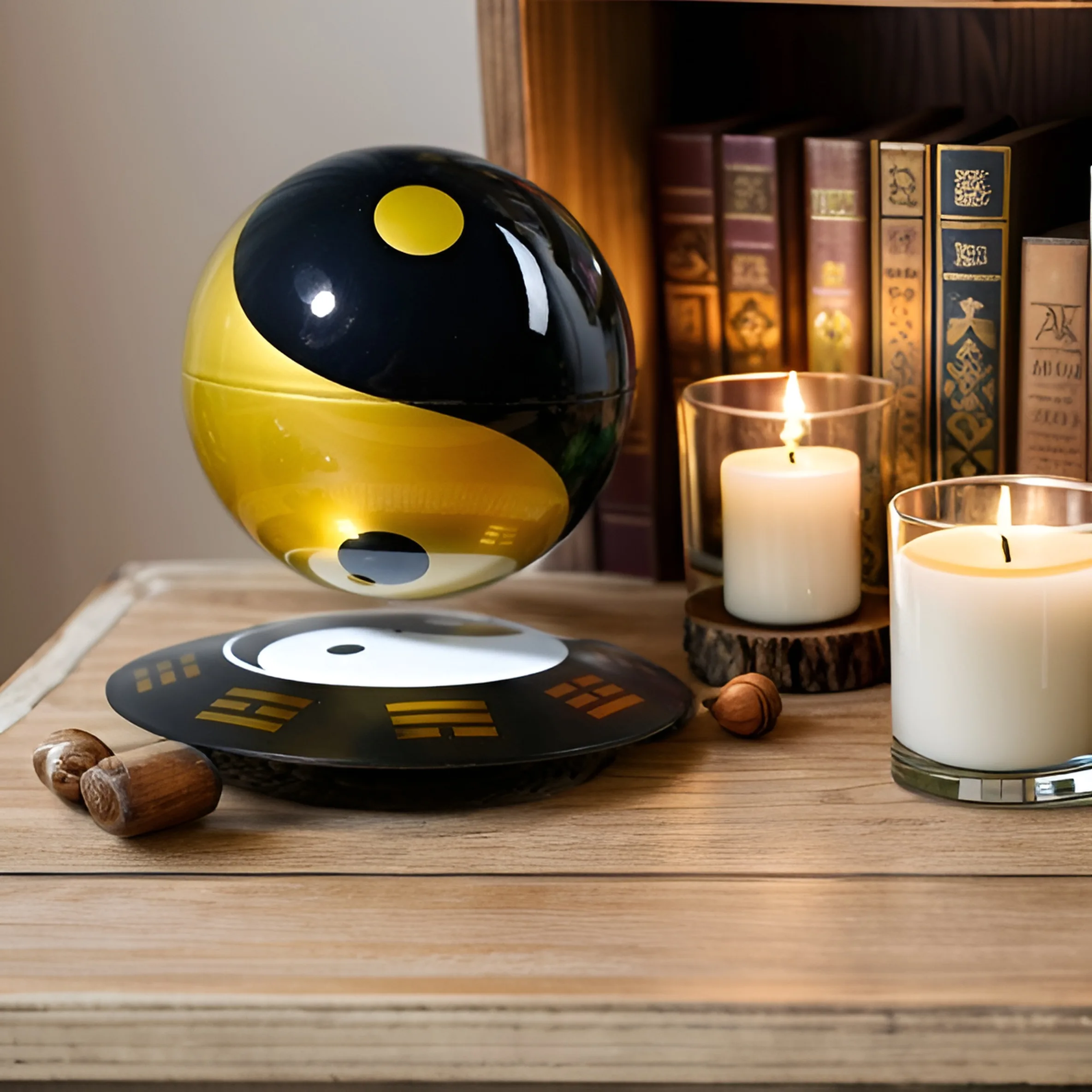 A wooden table with two lit candles, a Levitating Magic Ball on a stand, and a row of books in the background.