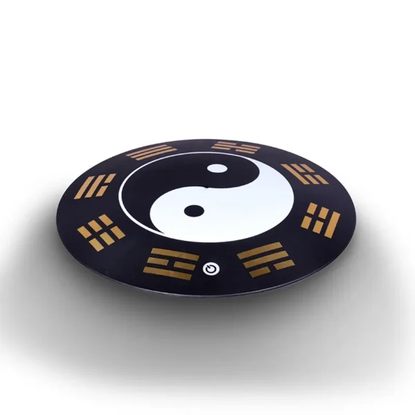 HCNT Feng Shui ornaments Yin and Yang Tai Chi ball home decoration levitation ball 6 A circular black device with a yin-yang symbol in the center, surrounded by eight trigrams, and a power button at the bottom.