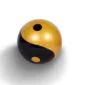 A black and gold yin-yang ball on a white background.