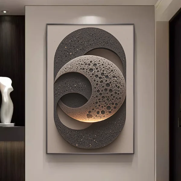 Modern Luxury LED Wall Lamp With Simple Texture Style Foyer Living Room Decoration Luminous Corridor Hanging Mural Lights 5 A modern abstract wall art piece featuring overlapping geometric shapes with a textured surface, mounted on a wall.