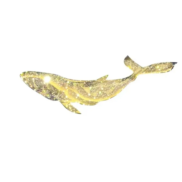 Modern luxury starry sky dream Whale living room sofa Background night light wall decoration bedroom atmosphere lightingPaintin 6 Illustration of a golden, shimmering whale swimming to the left on a white background.