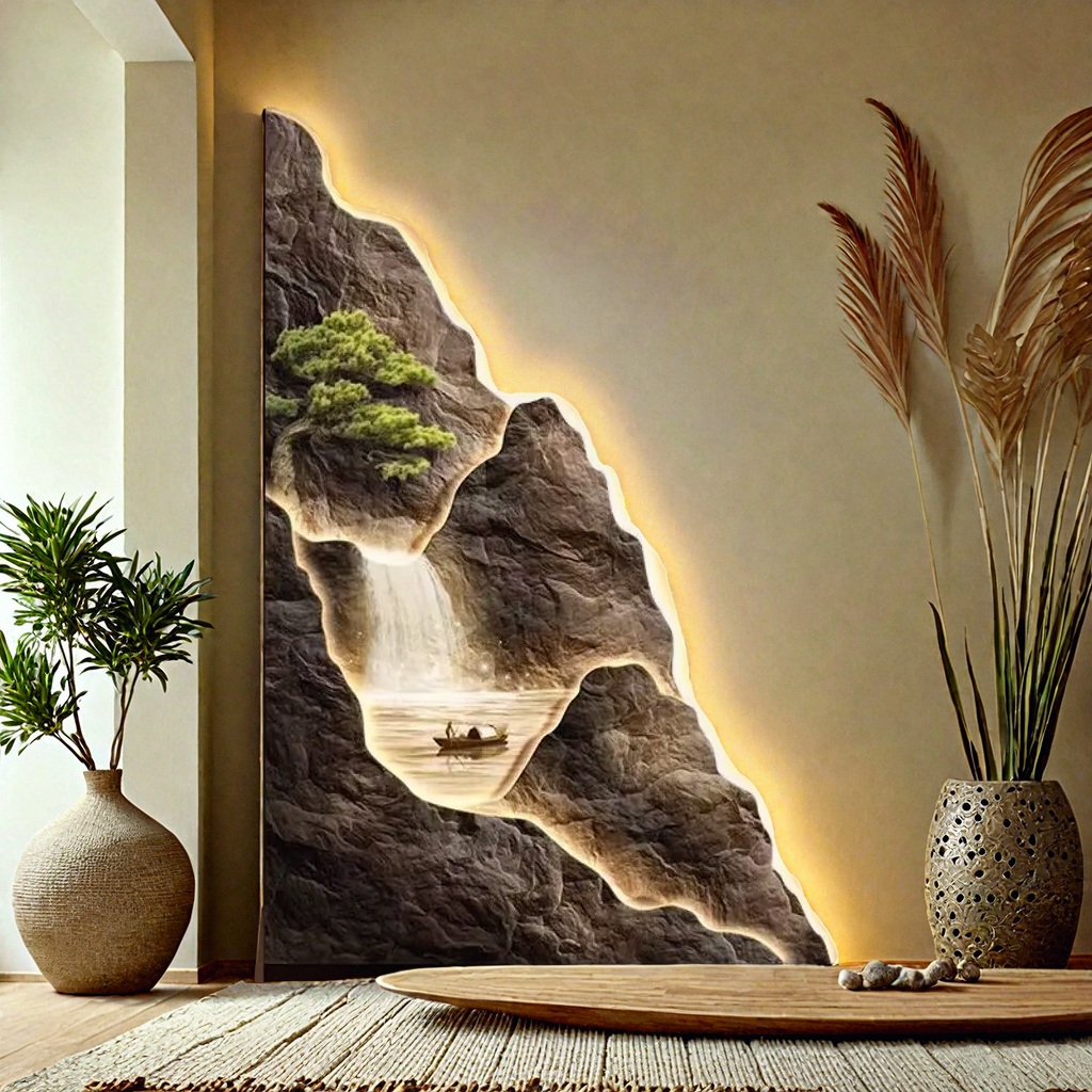 A decorative wall showcases a recessed, illuminated Mountain Wall Light piece depicting a waterfall over rocks, while a basket and woven rug enhance the space with serenity.